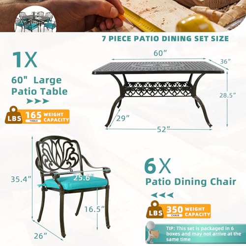 Image of MEETWARM 7-Piece Outdoor Patio Dining Set, 6 Outdoor Dining Cushioned Chairs and 1 Rectangle Table with 2 inch Umbrella Hole, All Weather Cast Aluminum Patio Funiture Set for Backyard, Ocean Blue