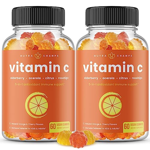 NutraChamps Vitamin C Gummies for Adults & Kids 5-in-1 Immune System Support with Elderberry Rosehips Citrus Bioflavonoids & Acerola Cherry Immunity Booster Supplement (Pack of 2)