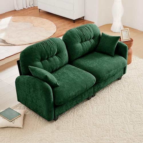Image of KEIKI 74 inch Oversized Chenille Modular Sectional Loveseat Sofa with High-Density Foam Cushions and Tufted Pleated Cushion Backrest, Upholstered 2-Seater Cloud Couch with 2 Pillow, for Living Room, Green