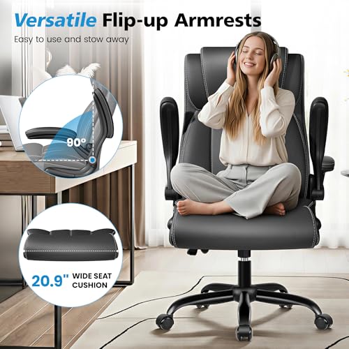 Image of Ergonomic Office Chair, High Back Executive Leather Desk Chair | Inflatable Lumbar Support for Back Pain Relief, Heavy-Duty Comfy Computer Chair for Long Workdays, Flip-Up Armrests, Black