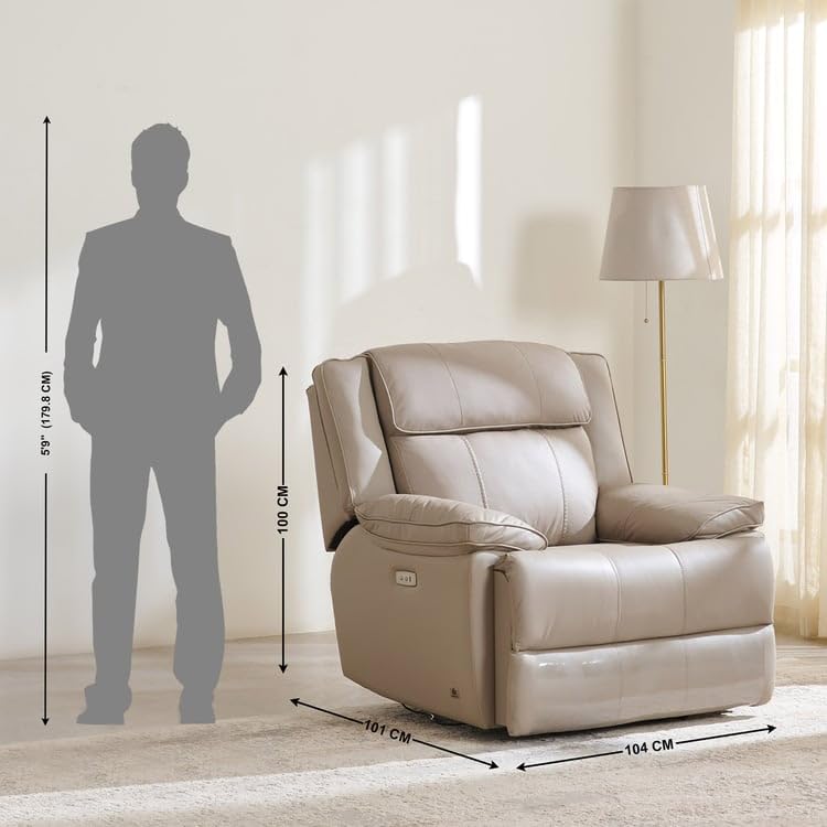 Image of Home Centre | Torino Half Leather 1-Seater Electric Recliner | Recliner Sofa for Living Room | Solid Wood | Grey | 2 Year Warranty