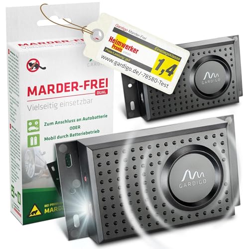 Gardigo® Marder-Frei Dual - 2er Set | Marderschreck Auto | 25 Jahre Erfahrung mit Marderabwehr für KFZ Haus Garage | Ultraschall und Blitzlicht | Anschluss an 12V Autobatterie oder Batteriebetrieb