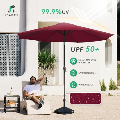Image of JEAREY 9FT Outdoor Patio Umbrella Outdoor Table Umbrella with Push Button Tilt and Crank, Market Umbrella 8 Sturdy Ribs UV Protection Waterproof for Garden, Deck, Backyard, Pool (Brick Red)