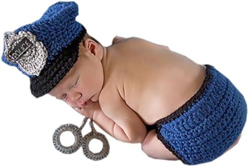 Pinbo® Bebé recién nacido Foto Prop Crochet Policía Policía Sombrero Pañal Esposas, marino