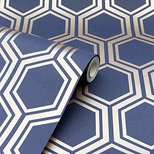 Arthouse 906604 Navy Gold Metallic Textures Luxe Hexagon Wallpaper 906604-Geo, Full Roll #TOP4