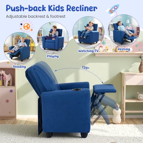 Image of HONEY JOY Kids Recliner, 2-in-1 Toddler Armrest Sofa Couch with Cup Holders, Adjustable Footrest, Fabric Surface, Child-Size Recliner Chair for Boys Girls Age 3+ (Blue)