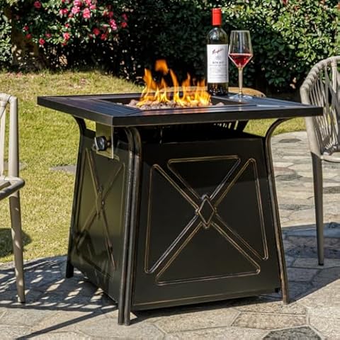 OutVue 28" Propane Fire Pit Table,Gas Fire Pits Table for Outside,50000 BTU Propane Fire Pit with Lid &Lava Rocks,Gas Firepit for Garden,Yard (Black) Cover