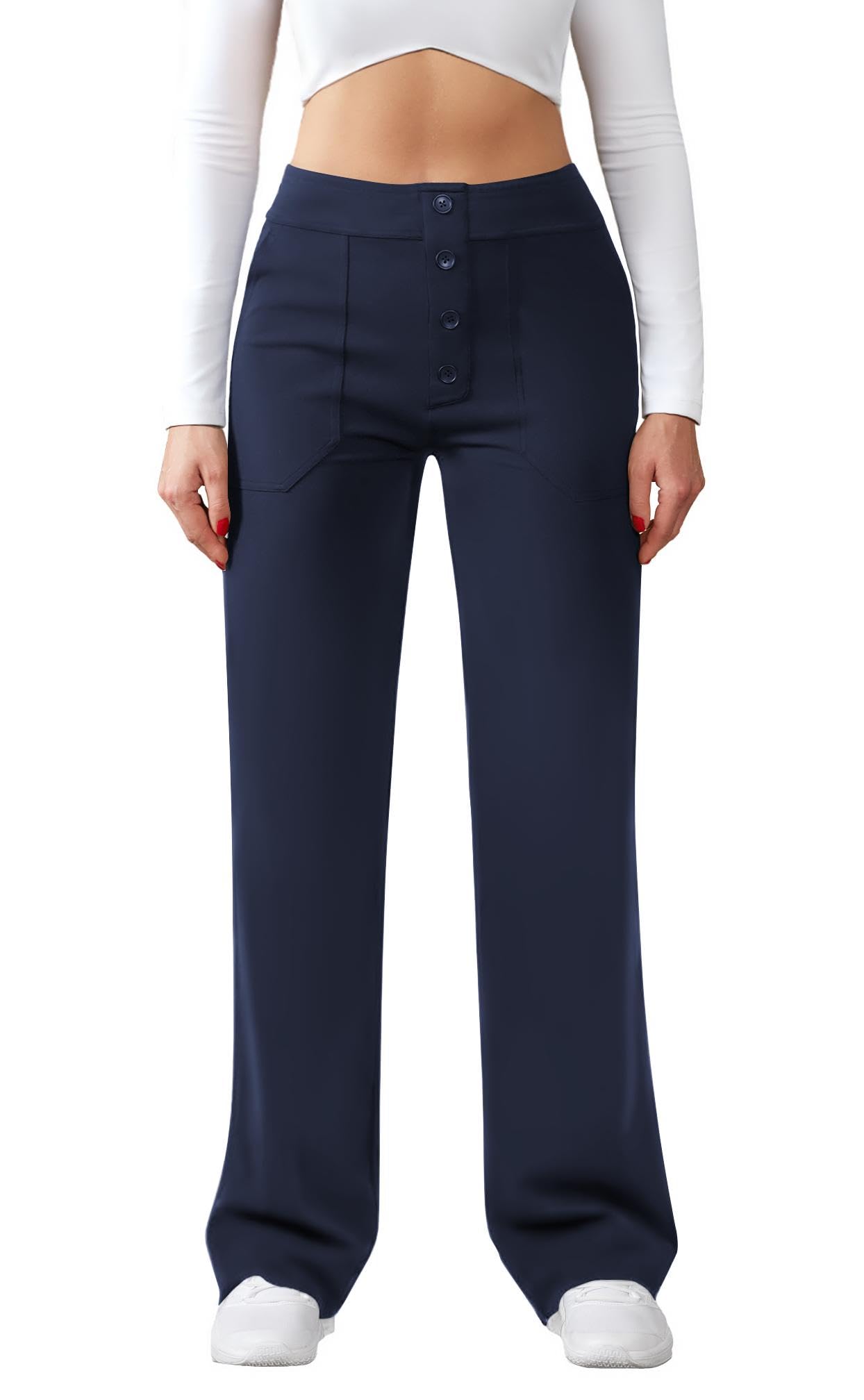 Friptspyg Hose Damen Hohe Taille Weite Hose Knopf Gerades Bein Hose Casual Arbeit Hose Stretch Yogahose mit Taschen