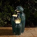 Glitzhome 27.25" H Outdoor Garden Water Fountain with LED Lights and Pump, 4 Tier Turquoise Embossed Pattern Ceramic Pots Cascading Floor Standing Fountain for Porch Deck Patio Backyard Decoration