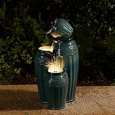Glitzhome 27.25" H Outdoor Garden Water Fountain with LED Lights and Pump, 4 Tier Turquoise Embossed Pattern Ceramic Pots Cascading Floor Standing Fountain for Porch Deck Patio Backyard Decoration