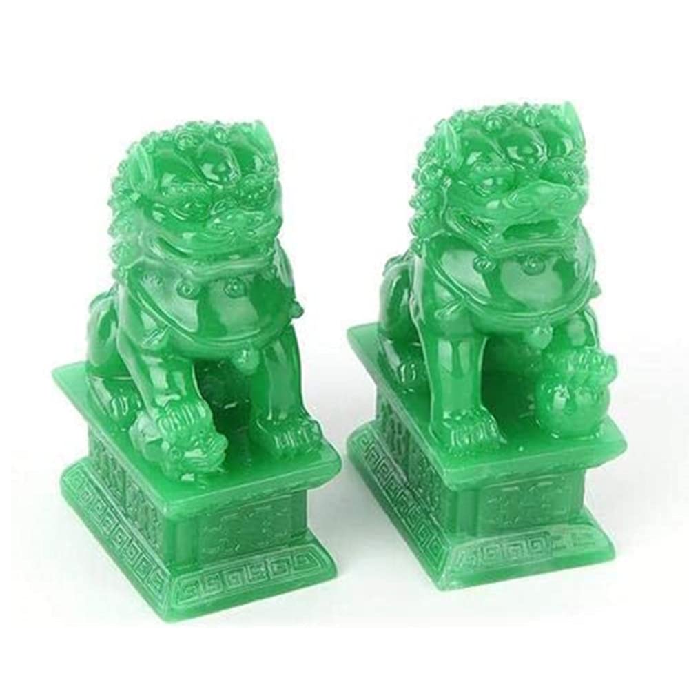 Feng Shui Prosperity Pair of Fu Foo Dogs Guardian Lions Traditional Chinese Statues Stone Green Best Housewarming Congratulatory Indoor Outdoor Gift