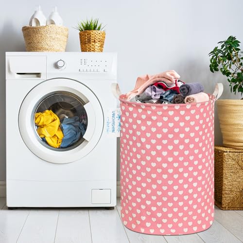 Image of Round Laundry Basket Collapsible Storage Hamper Organizer Pink Heart | Waterproof Canvas Foldable Baskets with sturdy Handles Multi-scene Organizer for Home Play Bedroom Gift Bin
