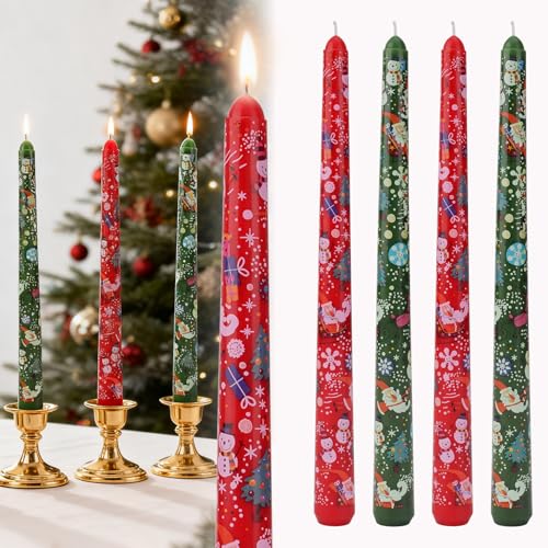 Christmas Taper Candlesticks, Red and Green Long Tapered Candles Christmas Elk Candle Sticks for Xmas Home Party Dinner Table Decoration