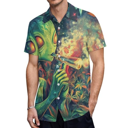 Green Aliens Weed Hawaiian Shirt for Men Button Down Short Sleeve Shirt Summer Top for Beach Party