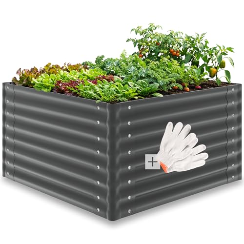tectake® Jardiniere 100 x 100 x 62 cm, Plate-bande surélevée en acier, Potager surélevé, 1 paire de gants jardinage incluse, Carre Potager 600L, Lit de...
