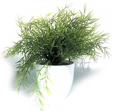 Realistic Faux Baby Lemon Grass, Potted Plant, Houseplant, Kitchen, Lushly Leafed, White Pot, 6 Inches Diameter x 9.75 Tall