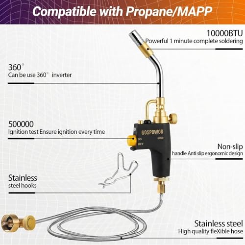 Image of High Intensity Propane Torch Head with Hose & Cylinder Clip, Gas Torch Head Fuel by Propane,MAPP, Blow Torch Welding Torch, Trigger Start torch lighter(Fuel Not Included)