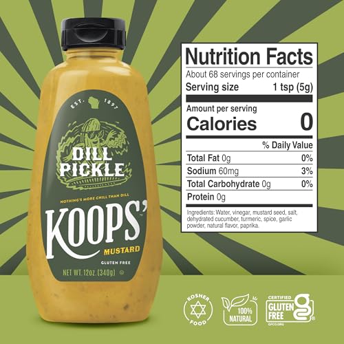 Image of Koops' Dill Pickle Mustard - Dill Mustard Spread, Flavored Condiment and Dip for Dressing, Sandwich, Burger, Pretzel, & More, Made in the USA - 12 oz Bottle (Pack of 4)