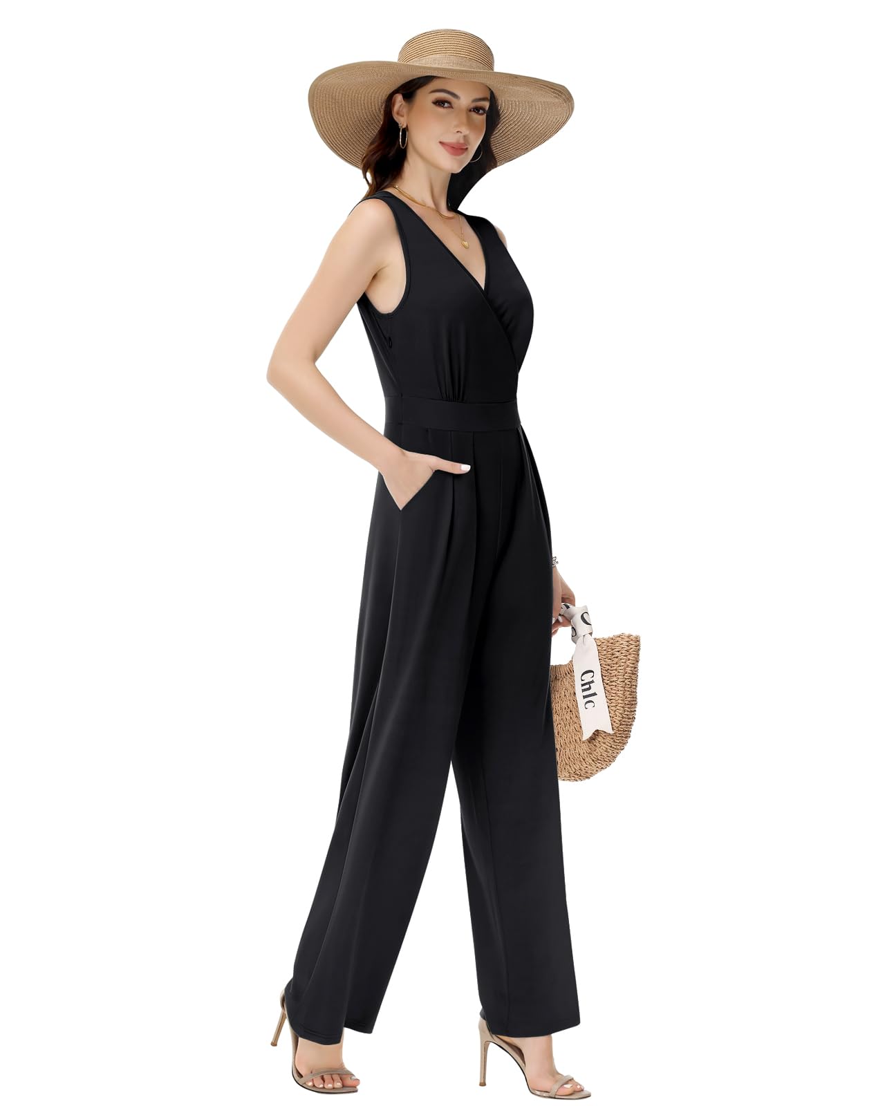 Tanmolo Damen Jumpsuit Elegant Festlich Sommer Ärmellos Overall Weites Bein Romper Mit Taschen Kurz