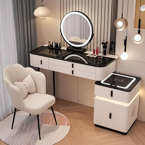 Mesa de maquillaje LED con altavoz Bluetooth y carga inalámbrica, moderno juego de tocador con 5 cajones y 3 niveles de brillo, elegante tocador con silla para decoración del hogar (blanco)