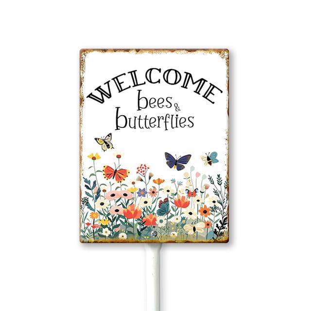 Geroclonup Garden Signs Welcome Bees And Butterflies Sign with Stake Outdoor Aluminum Yard Sign Rustproof Aluminum Metal Sign Fade Resistant Lawn Decoration for Outdoor 8x12inch