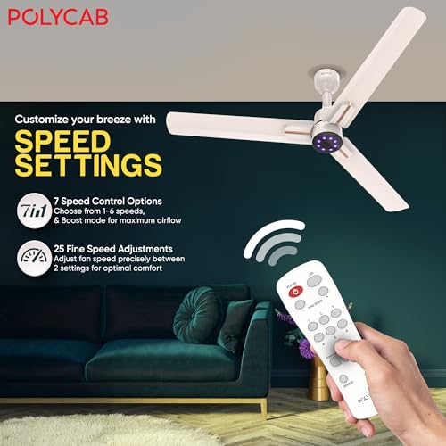 Image of Polycab Wizzy Neo LED 1200mm BLDC Ceiling Fan with remote |BEE 5 Star Rated, Higher Air Delivery|LED Indicator,Reverse,Sleep and Breeze Mode |3 Years Warranty【Beige Rosegold】