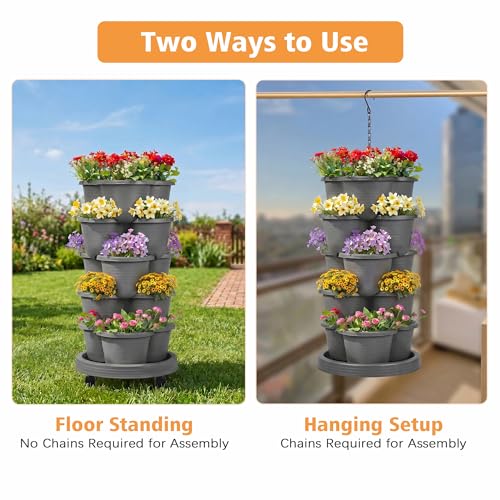 VECELO 5 Tier Vertical Garden Planter, Self Watering Stackable Planters with Wheels for Strawberries, Herbs, Flowers, Vegetables, Dark Gray by VECELO - Image 7