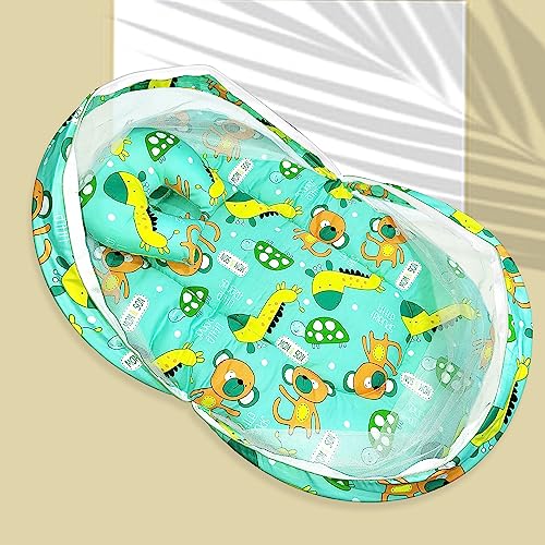 Image of MOM & Son Baby Bedding Set Mattress with Net & Baby Sleeping Bag (0-3 Months) (Sky Kitty & Green)