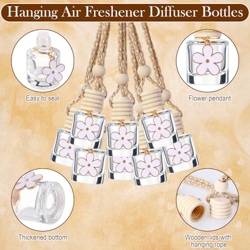 Image of 30 Pieces 8ml Hanging Car Air Freshener Diffuser with Daisy Flower Pendant Empty Glass Perfume Bottle Perfume Refillable Essential Oil Aromatherapy Vials with Wooden Caps Hanging String