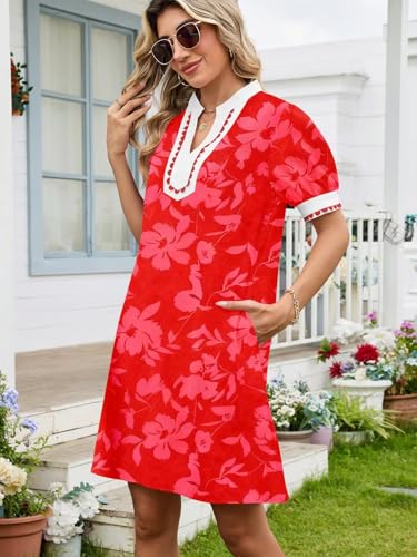 Image of Wkior Women's Summer Trim V Neck Mini Dresses with Pockets (S-XL) | Puff Short Sleeve, Trim Collar, Breathable Fabric, Lightweight Summer Clothes for Daily Wear, Sunset Beach Party