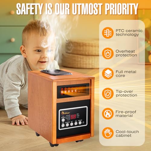 Image of DR. INFRARED HEATER DR-998, 1500W Dual Heating Infrared Space Heater with Humidifier, Oscillation, Remote Control, Thermostat & Safety Protection, Portable with Wheels, Energy Efficient, Cherry