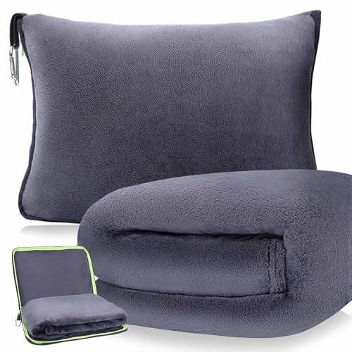 DAWNTREES Travel Blanket and Pillow,Travel Essentials Gifts on Airplane,Camping,Car,2 in 1 Airplane Blanket with Soft Bag Pillowcase,Hand Luggage Sleeve and Backpack Clip.