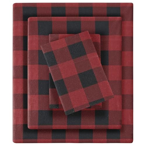 Image of Woolrich Cotton Sheet Set Cottage Charms Print, 100% Cotton Flannel Sheets Warm & Fuzzy Bedding Set Cal King Size Sheets, Fitted Pocket Fits Up to 14 inch Mattress, Cal King Red /Black Checkered, 4 Piece