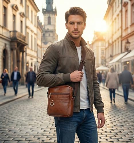 Image of Men's Leather Sling Bag Crossbody Messenger Shoulder Bag | Stylish Office Travel Side Bag with Multiple Compartments, Adjustable Strap & Secure Pockets for Daily Use