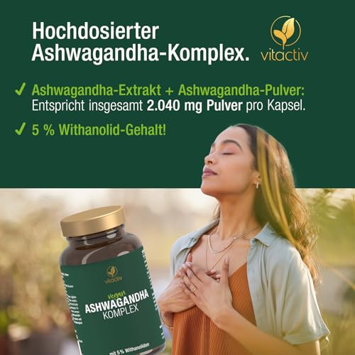 VITACTIV Ashwagandha Komplex - 90 Kapseln (3 Monate) - Indische Schlaf Beere, Hochdosiert mit 2040mg pro Tagesdosis, 5% Withanolide - Plus Vitamin B1 - Vegan, Laborgeprüft in Deutschland – Bild 4