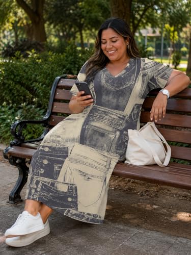 Image of Plus Size Maxi Dress for Women Short Sleeve V Neck Casual Loose Sundress with Pockets