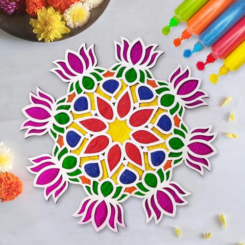 ascension Rangoli Powder Colors 5 Rangoli Colors Bottles Tubes with Portable Rangoli Stencil (11 inches) for Home Diwali Decor Reusable Templates for Floor Navratri Pooja Mandir Decoration (Design 4)