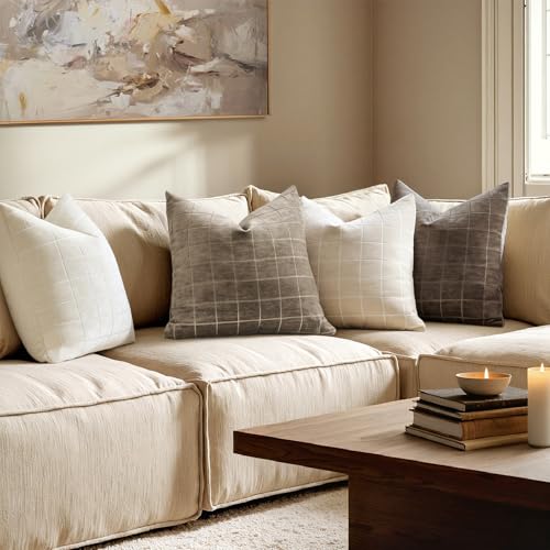 Image of MIULEE Taupe Grey Plaid Decorative Fall Throw Pillow Covers 20x20 Set of 2 | Vintage Check Chenille Couch Pillows Boho Farmhouse Cushion Covers Modern Fall Home Decor for Sofa Bed Living Room