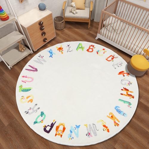 Round ABC Kids Rug,5.2 ft Animal Alphabet Playroom Rug,Washable Non-Slip Cute Nursery Rug for Kids Room,Educational Kid Play Rug Classroom Carpet for Playroom Kid Room Bedroom Decor