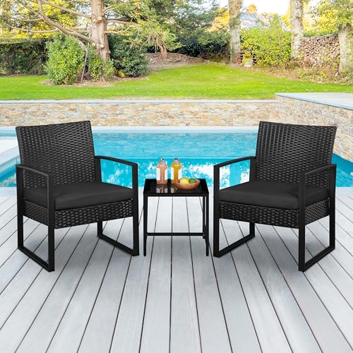 Yaheetech Balkonmöbel Set, Gartenmöbel-Set aus PE-Polyrattan Wetterfest inkl. 2 Stühle mit Sitzkissen & Tisch, 3 Teilig Terrassenmöbel Sitzgruppe Lounge Set für Balkon/Terrasse/Garten, Schwarz 4