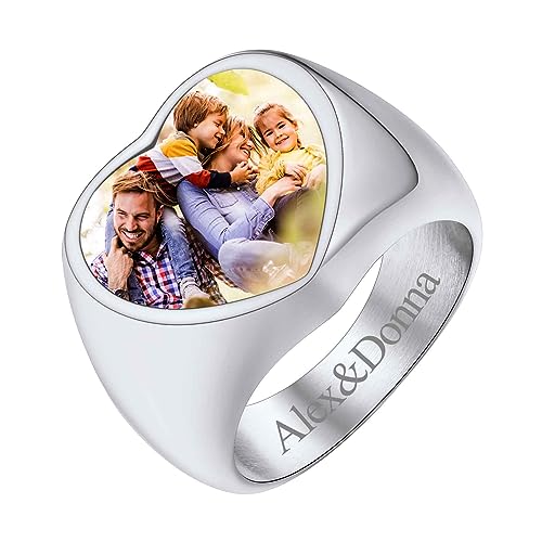 FindChic Customized Signet Photo Rings Square/Heart/Round Chunky Band Ring Stainless Steel/18K Gold Plated/Black Size 7 to 14 Personalized Jewelry for Men Women, Send Gift Box 03. heart-no s