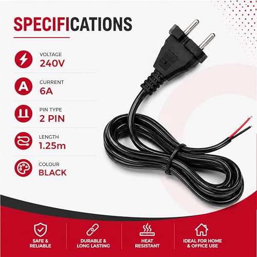 Image of Electronic Spices (1.25 M) 180V-240V AC 6A Power Cable | 3 Pin AC Extension Cord with PVC Insulated Wire | Power Supply Cable for Fan, Mobile Charger, Printer, Computer & Small Appliances
