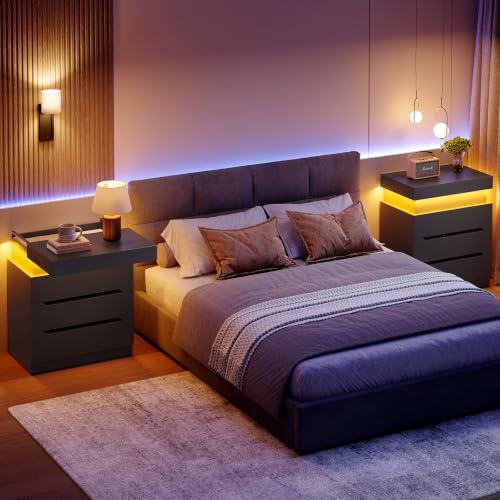 Image of Nightstands Set of 2, Night Stand with 3 Drawers, Nightstand with App-Controlled Adjustable LED Light, Bedside Table with Slidable Hidden Storage Space, Modern Nightstands for Bedroom, Black