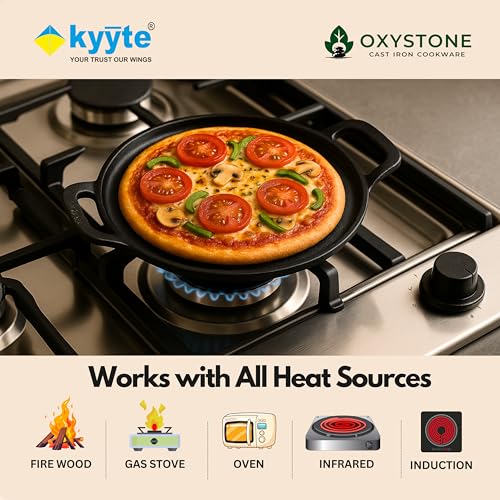 Image of Kyyte OxyStone Pre-Seasoned Cast Iron Tawa for Roti and Dosa 11'' Inch (28 Cm) Dia, Uthappam /Chapati /Naan /Paratha /Pizza Pan Naturally Nonstick,100% Pure,No Chemical Coating Gas Induction OTG Friendly.