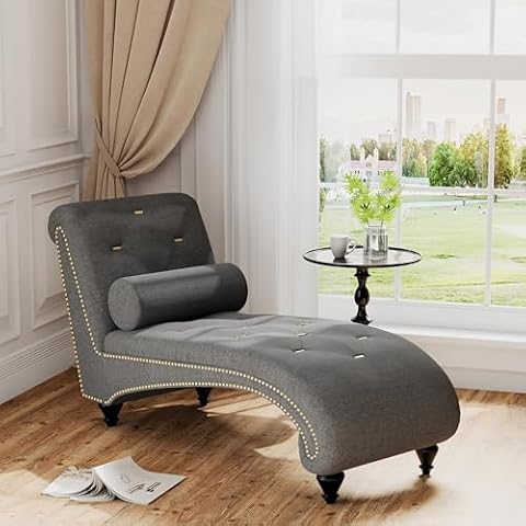 Yongqiang Chaise Lounge Chair Indoor Button Tufted Upholstered Lounge Chair with Pillow for Living Room Bedroom Modern Armless Sofa Recliner Gray Fabric Cover