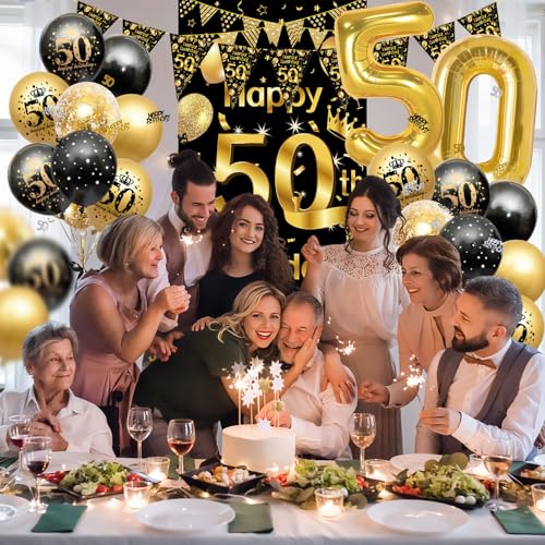 50. Geburtstag Deko Set Schwarz Gold - Komplette Dekoration für Männer und Frauen, XXL Hintergrundbanner, Zahlenluftballon 50, Dreiecksgirlande & Konfetti | 50 Geburtstag Party Deko Mann Frau