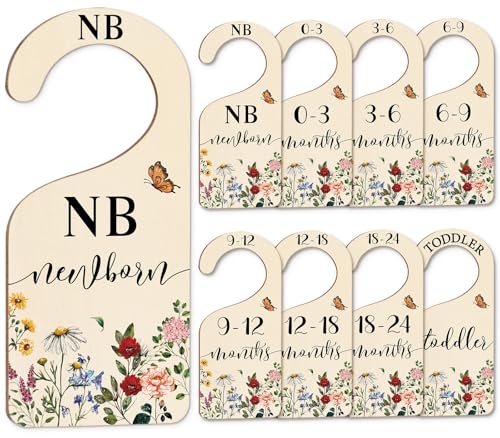 Image of Whaline 8Pcs Vintage Wildflower Hanging Wood Baby Closet Size Dividers and Organizer - Newborn to 24 Months - Thicken Wardrobe Organizer for Home Nursery