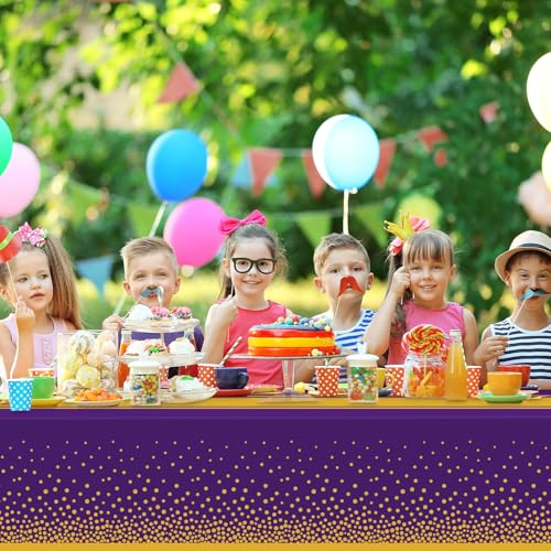 Image of 12 Pack Purple and Gold Tablecloth Party Decorations Plastic Purple Tablecloth Printed Gold Table Runner 54 x108 Inch Disposable Rectangle Table Cover for Birthday Wedding Graduation