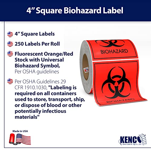 Kenco KL-2208-P Biohazard Warning Labels 4 Inch X 4 Inch Inch, Fluorescent Red-Orange Hazardous Stickers 250 Labels Per Roll For Medical And Industrial Use And More thumb #1