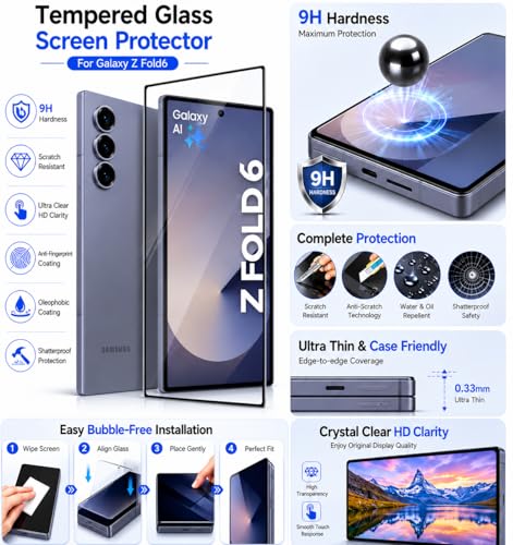 Image of ArmourPro Edge to Edge Tempered Glass for Samsung Galaxy Z Fold 6 with Silver Camera Ring Guard, 9H Screen Protector, Anti-Scratch, Anti-Fingerprint, Bubble-Free Installation Kit